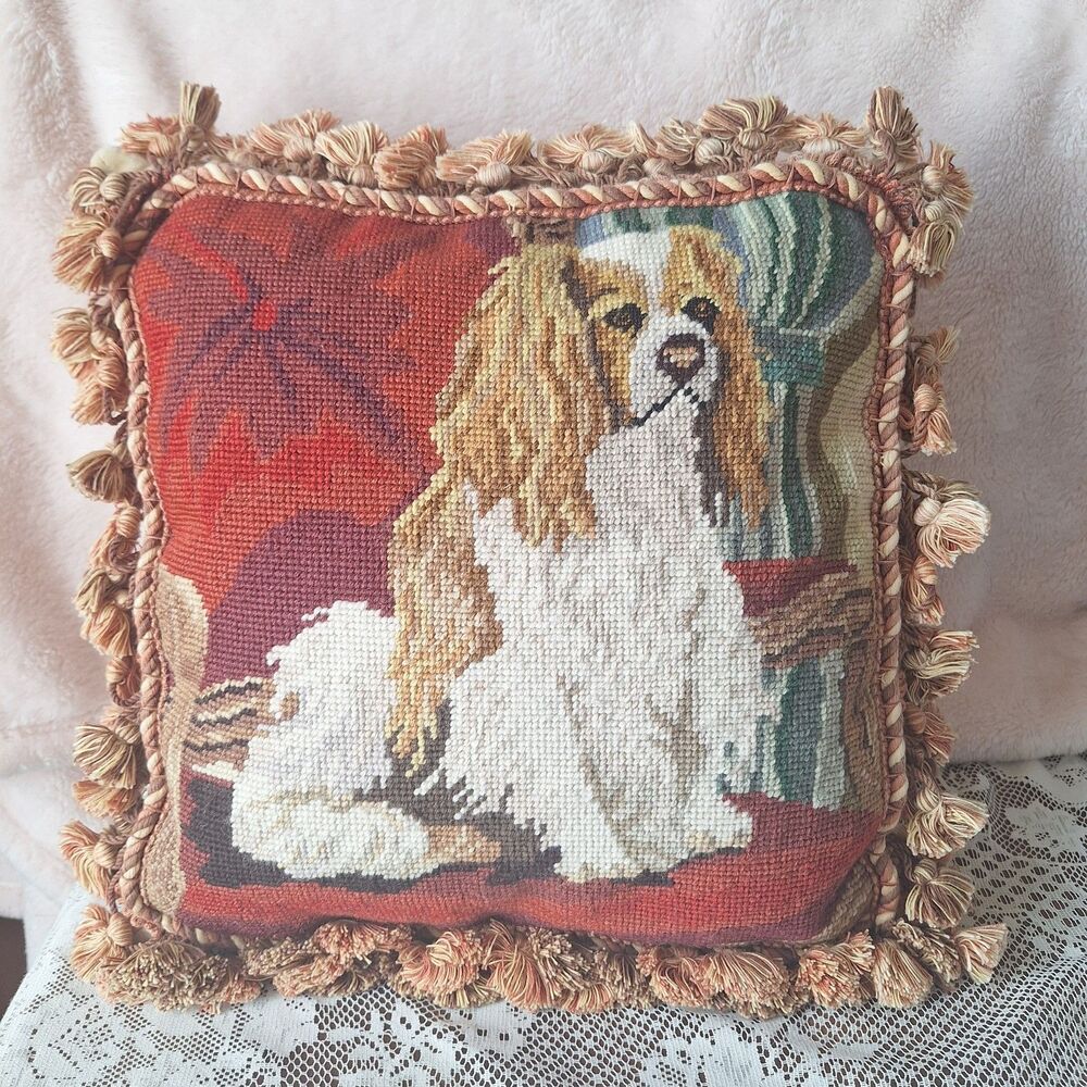 Vtg Wool Needlepoint Pillow Cavalier King Charles Spaniel Tassel Fringe Velvet